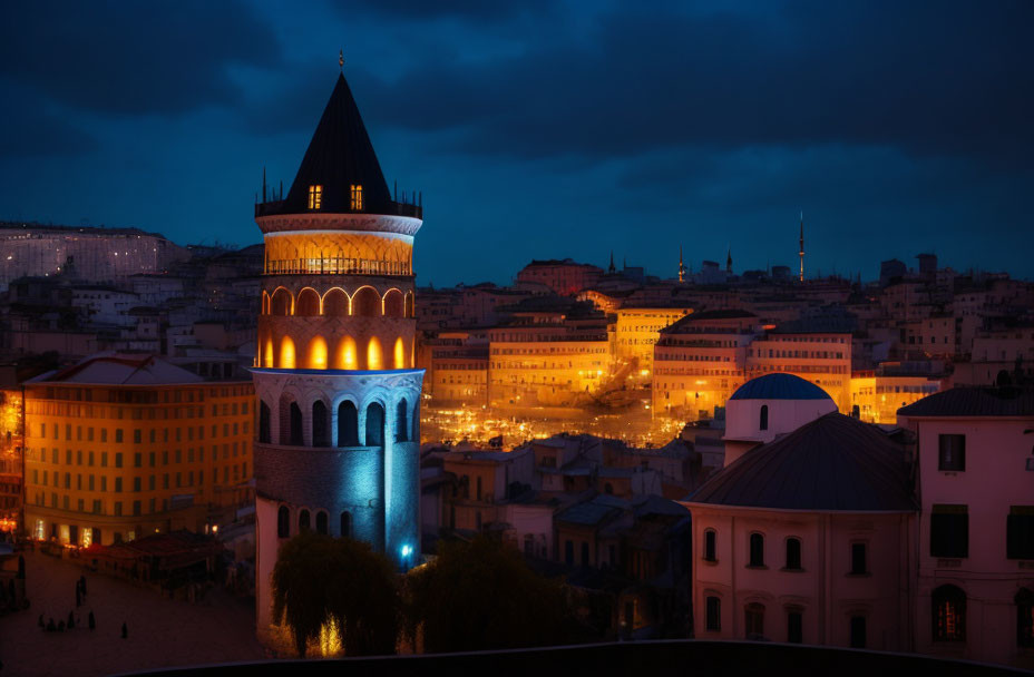 Cityscape with illuminated buildings and tower at twilight