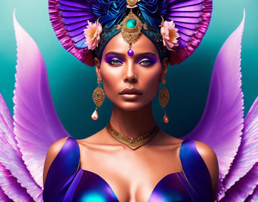 Illustrated woman in purple fantasy headdress and gold jewelry on teal background