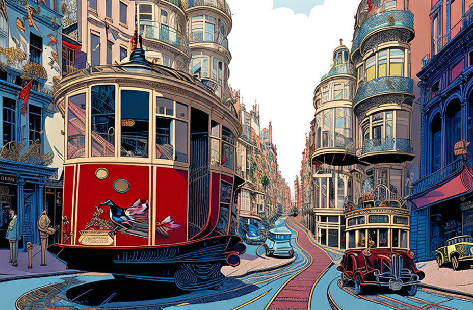 Vintage red tram on city street with ornate buildings under clear blue sky