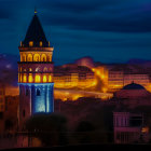 Cityscape with illuminated buildings and tower at twilight