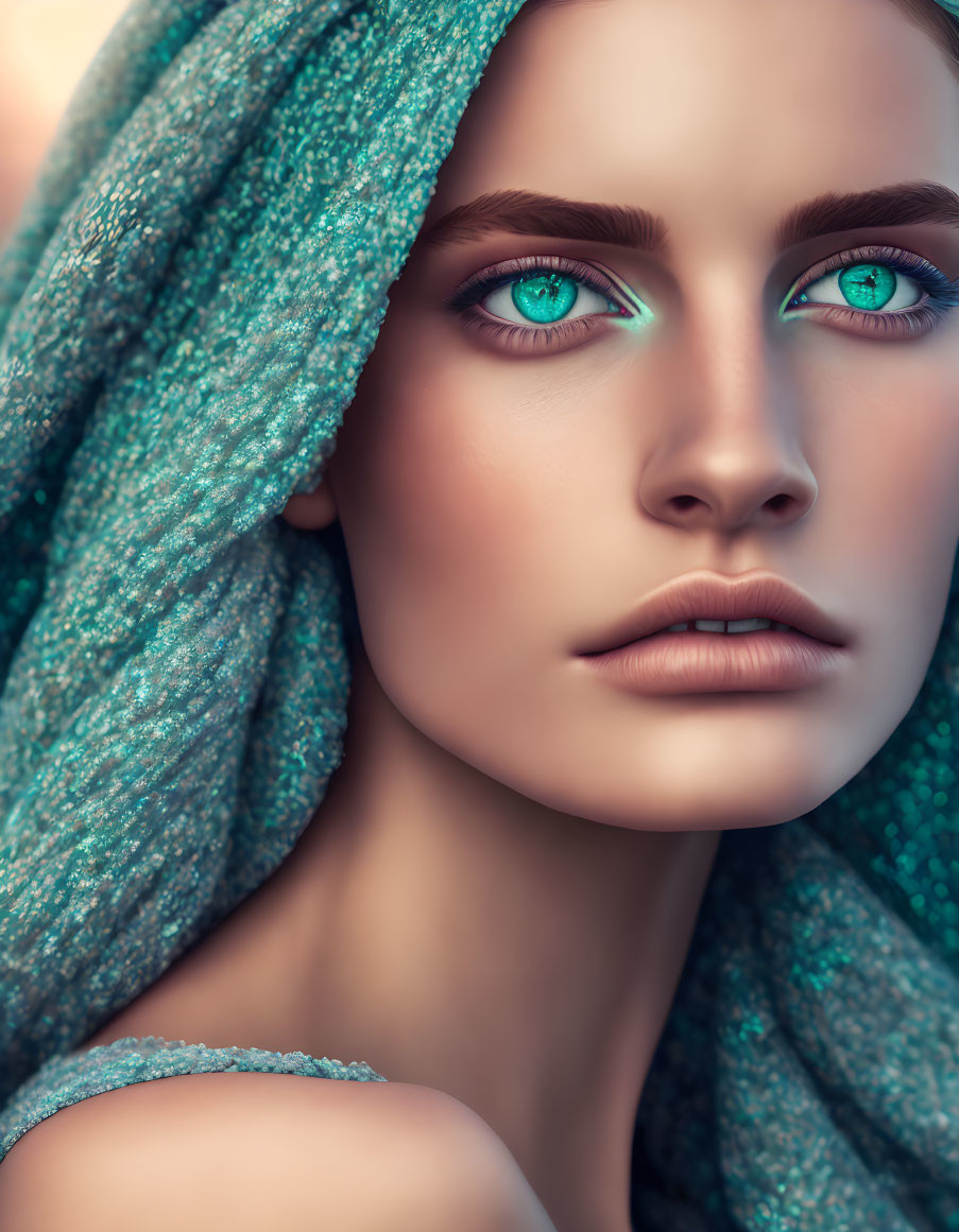 Portrait of woman with striking blue eyes in turquoise fabric