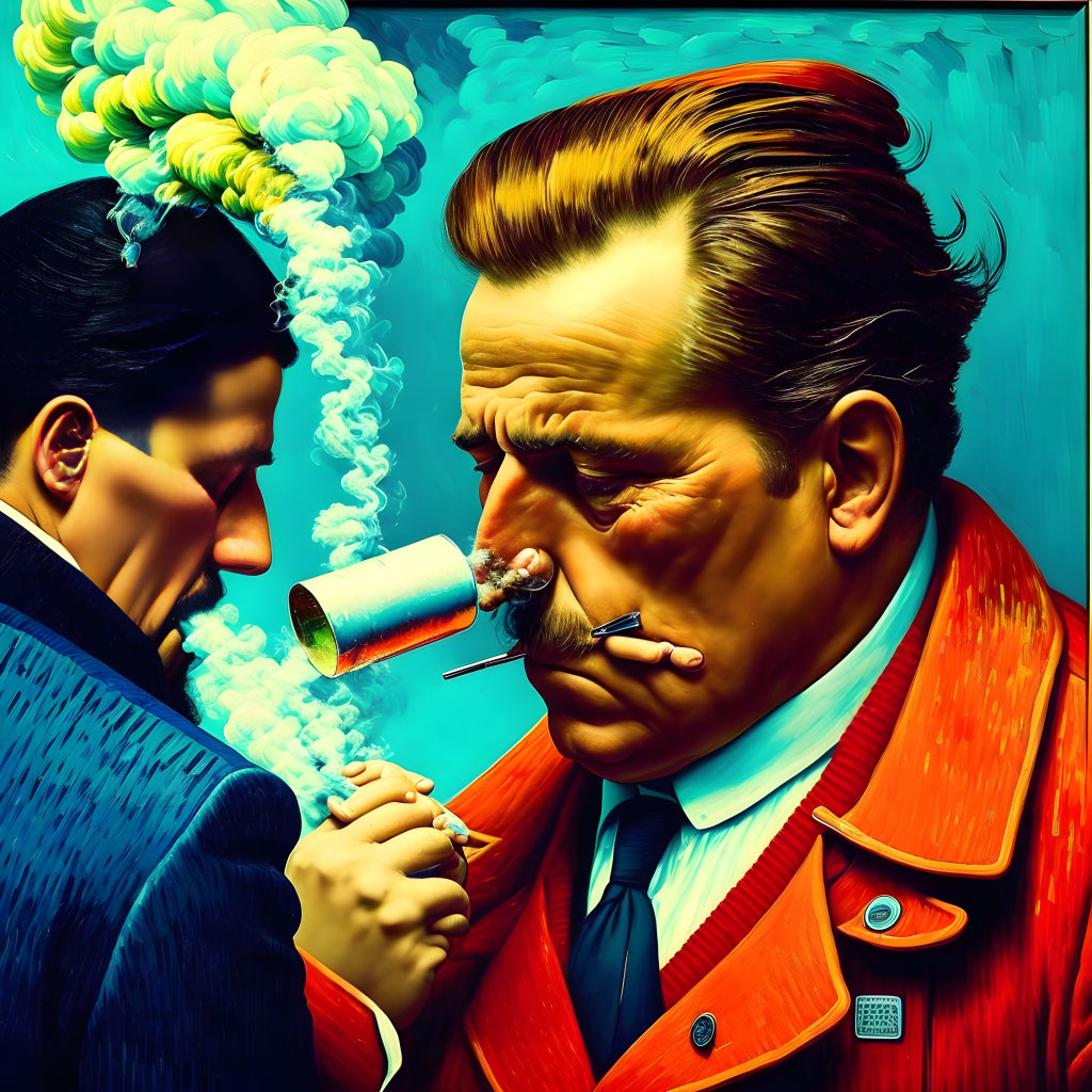 Colorful surreal illustration: man in red jacket with large head smokes pipe, another man lights with