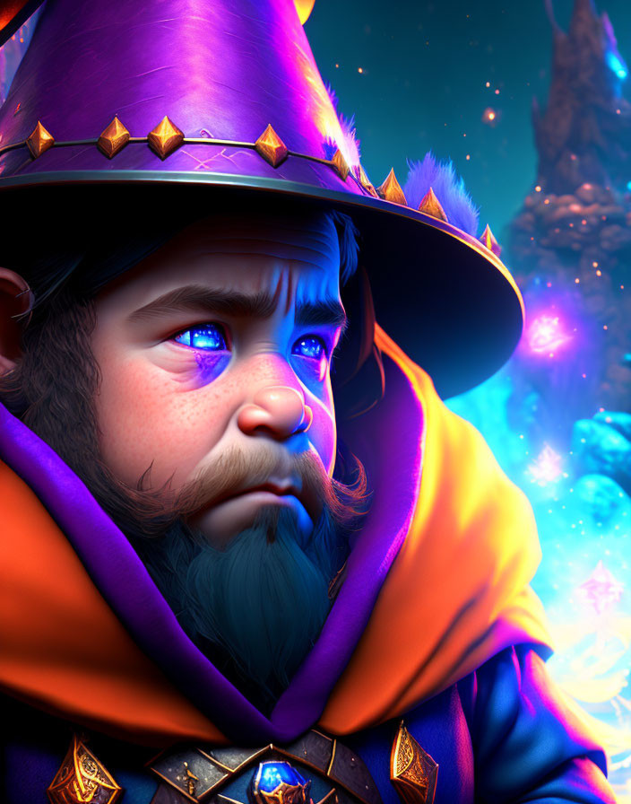 Mystical dwarf with blue eyes in purple wizard hat on enchanting background