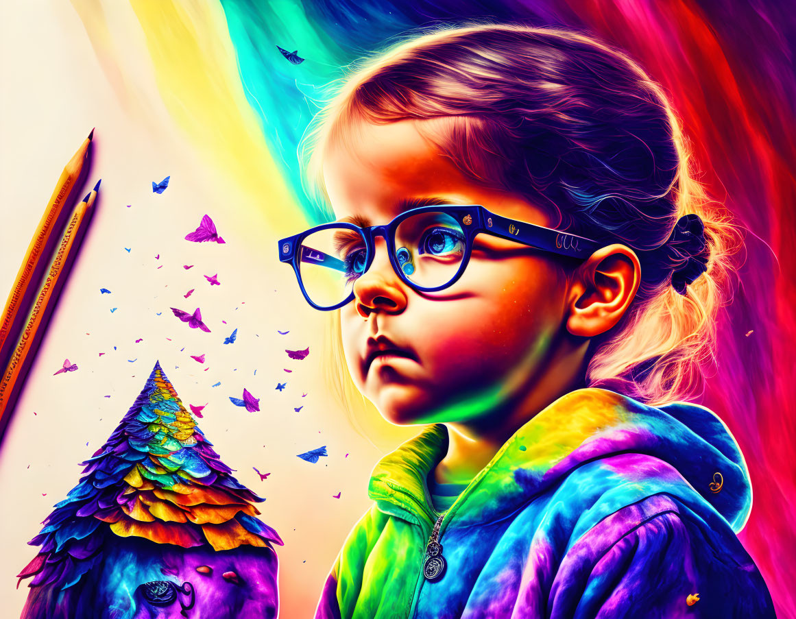 Vibrant digital artwork of a thoughtful child with glasses in colorful setting