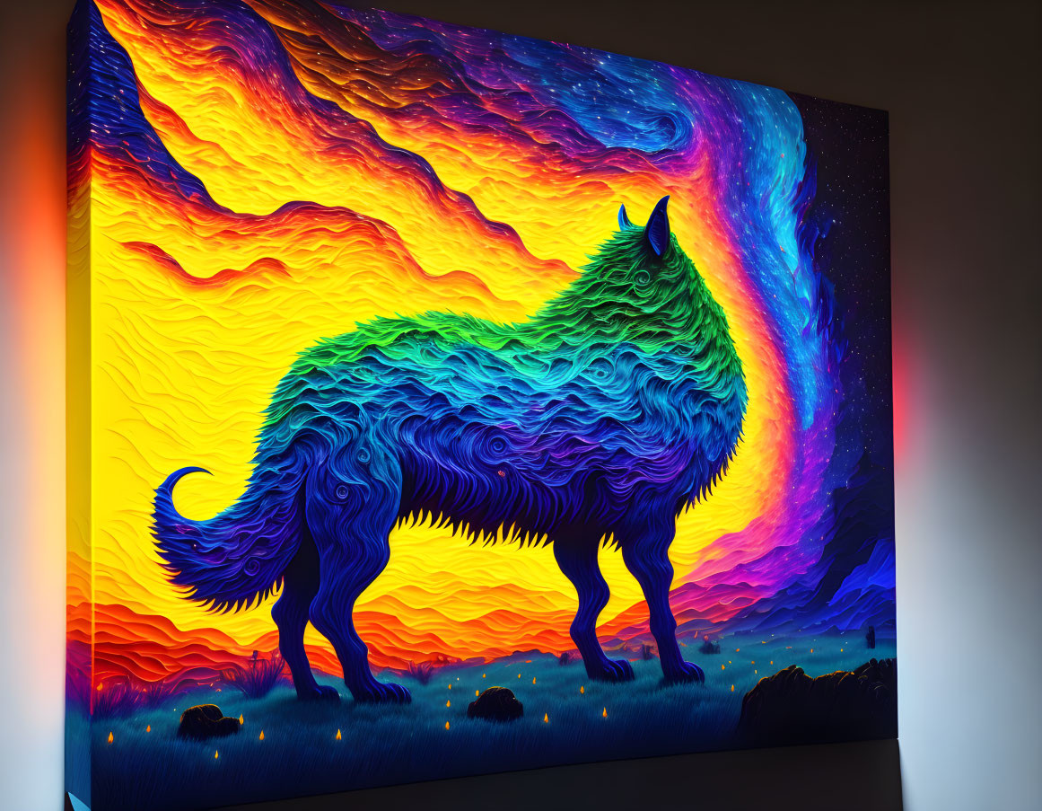 Colorful Silhouetted Wolf Wall Art with Aurora and Flames Backdrop