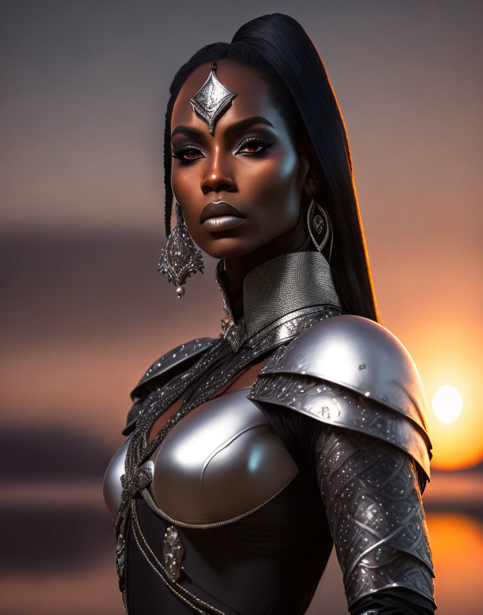 Woman in silver armor with striking makeup against sunset backdrop