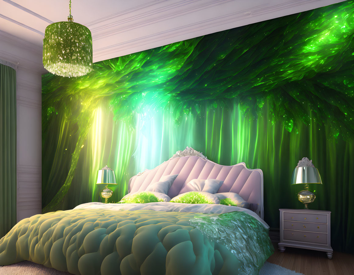 Luxurious Bedroom with Large Bed, Tufted Headboard, and Green Aurora Wall Mural