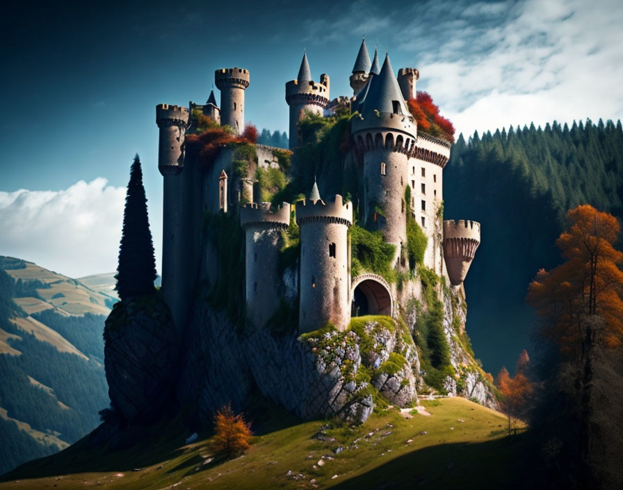 Castle with Multiple Turrets on Hill Amid Forests