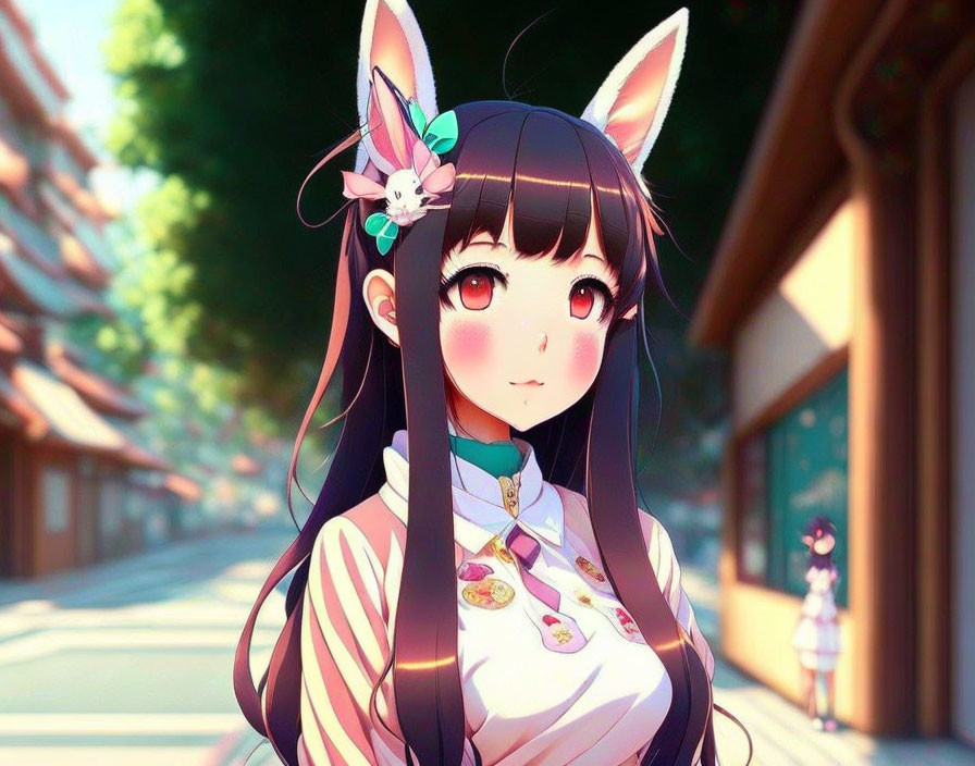 Character with long black hair, animal ears, pink bows, and traditional attire on sunlit street.