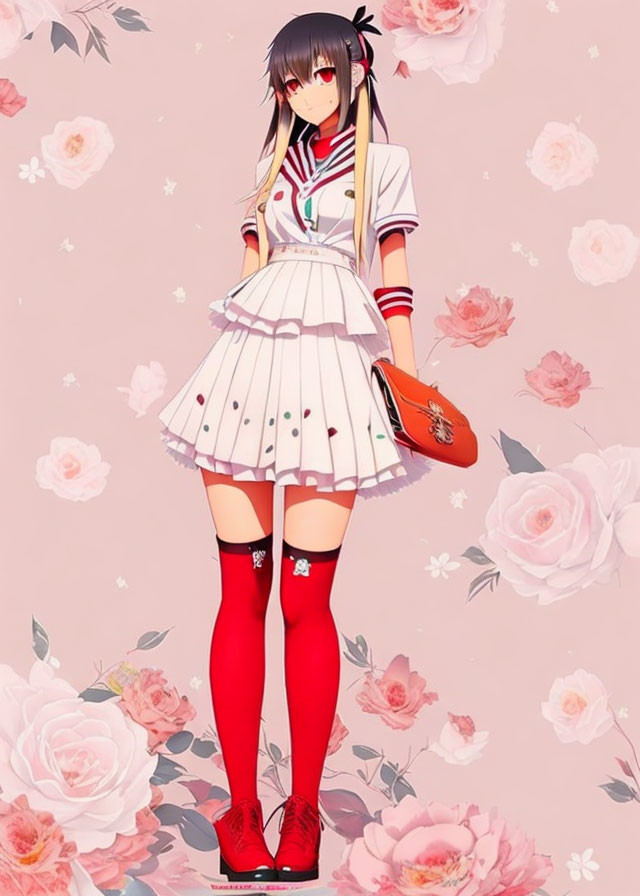 Long-haired anime girl in white & red sailor outfit with brown purse on pink rose background