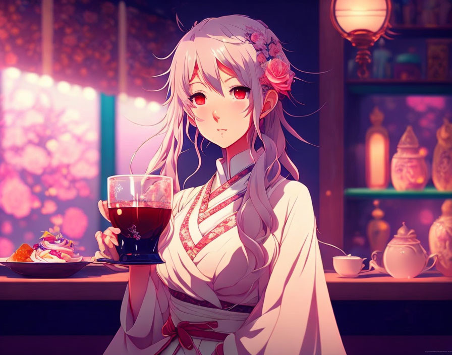 Silver-Haired Anime Character with Flower Accessory and Tea Cup in Lantern-lit Cherry Blossom Setting