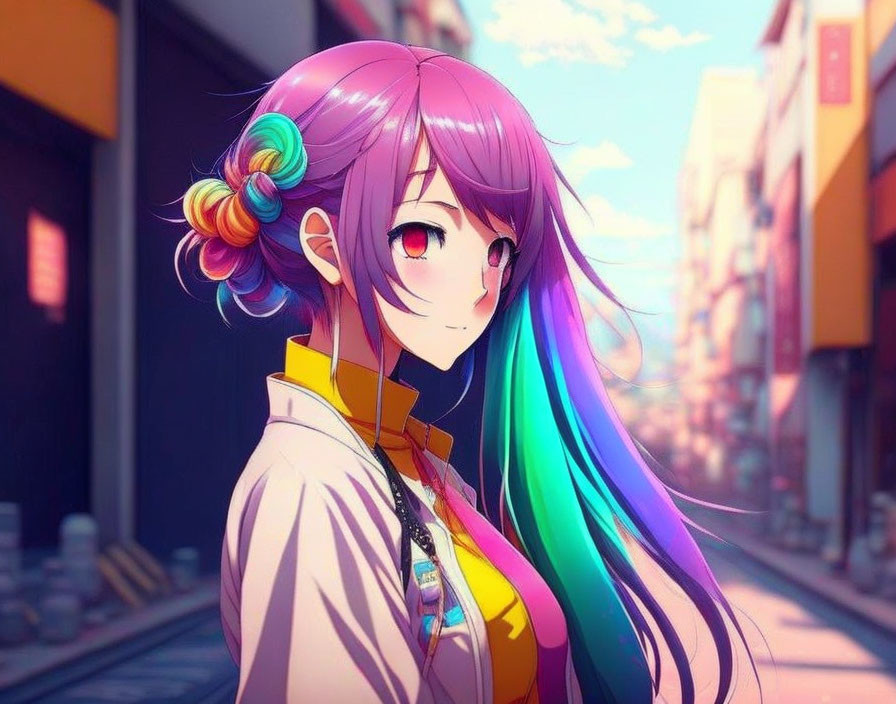 Multicolored hair anime character in vibrant cityscape