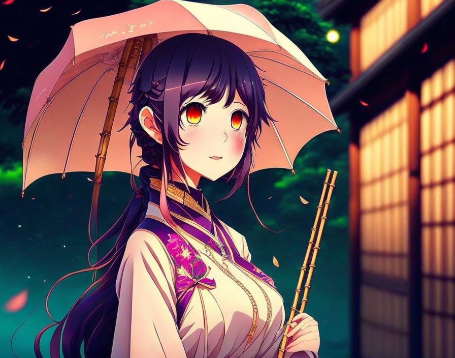 Anime girl with glowing orange eyes holding traditional umbrella in Japanese-style evening scene