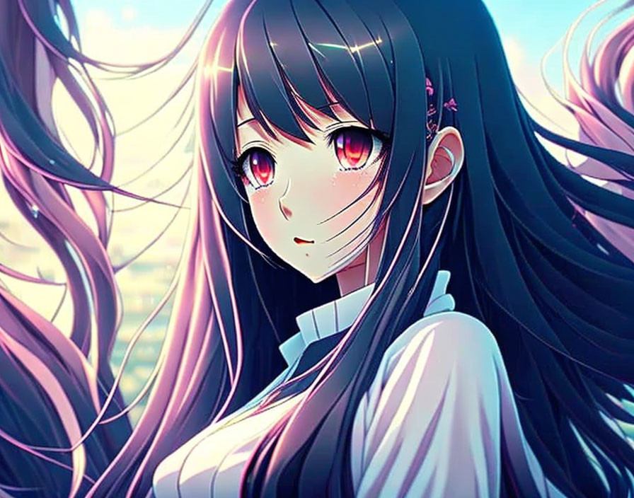 Long-haired anime-style girl in white shirt with pink eyes against blue sky.