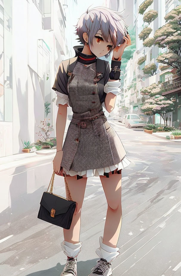 Short-haired anime girl in plaid dress on city street wearing black blouse, high socks, sneakers,