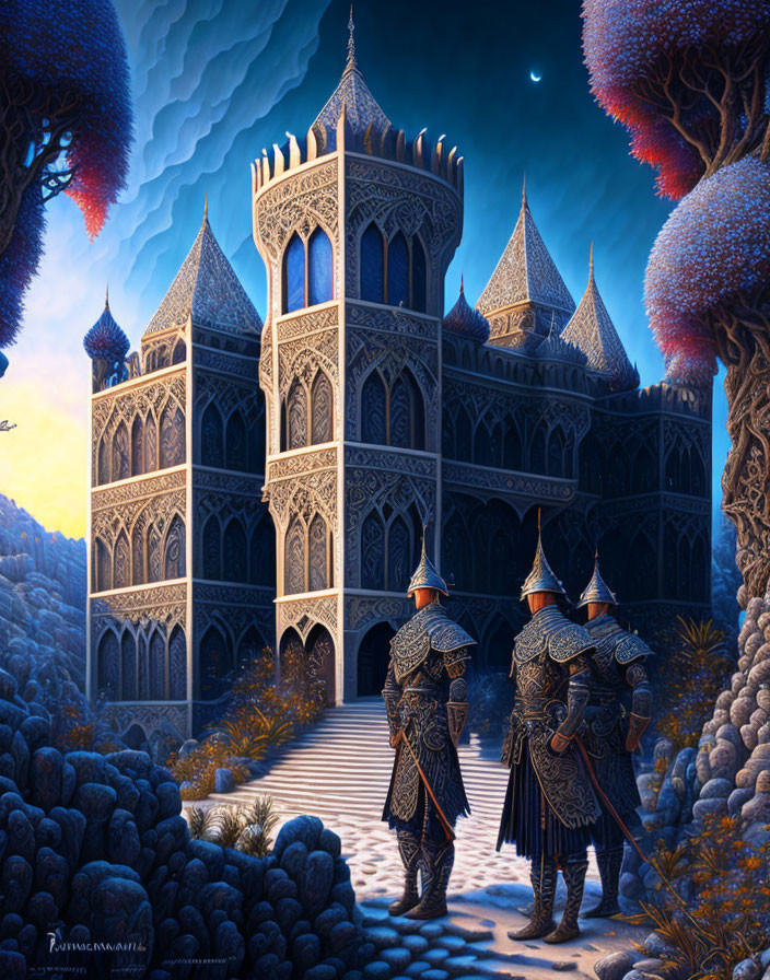 Fantastical castle night scene with knights in armor