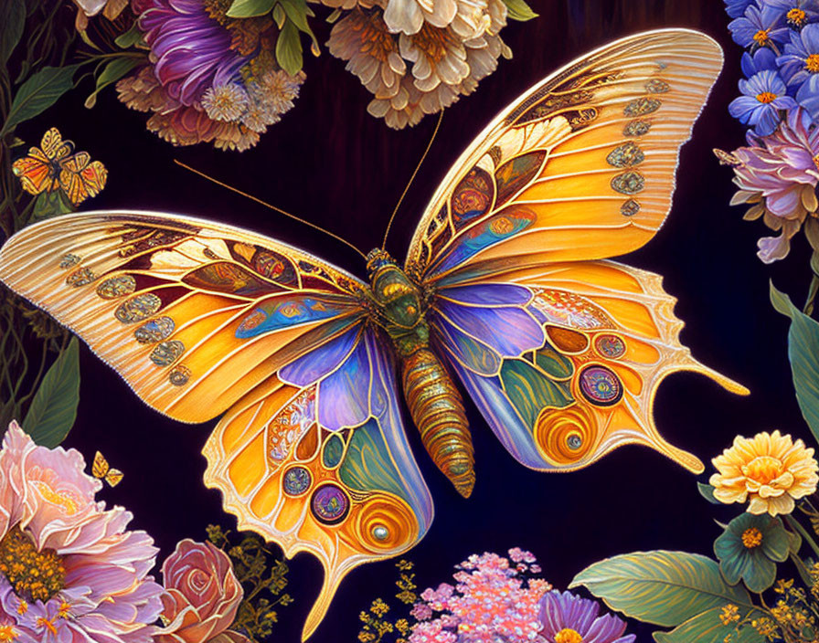 Colorful Butterfly Illustration with Ornate Wings and Flowers on Dark Background