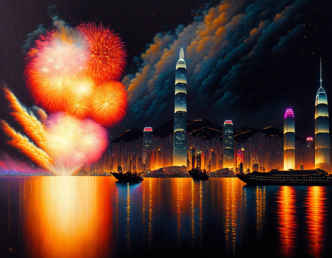 City skyline at night with fireworks display and water reflection