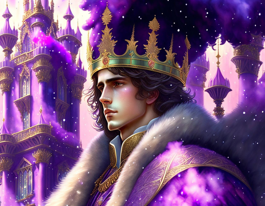 Regal young man in royal attire with crown against castle backdrop