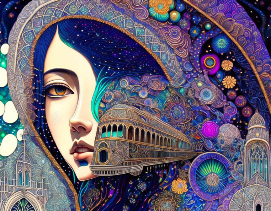 Colorful Artwork: Woman's Face with Architecture and Cosmic Patterns