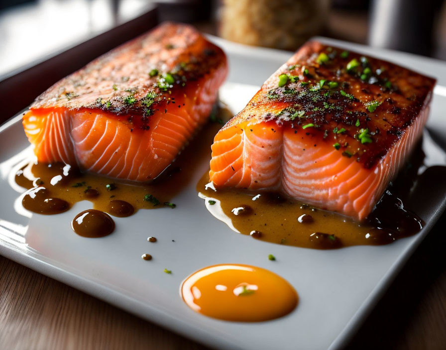 Seasoned Salmon with Herbs and Sauce on White Plate with Rice Background