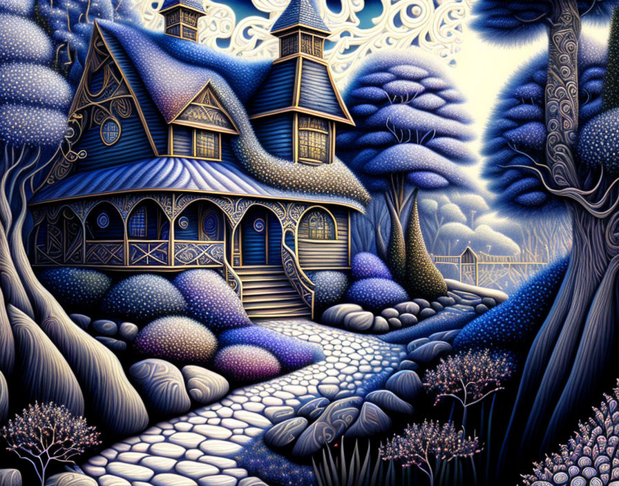 Whimsical blue house in fantasy illustration with purple trees and starry night sky