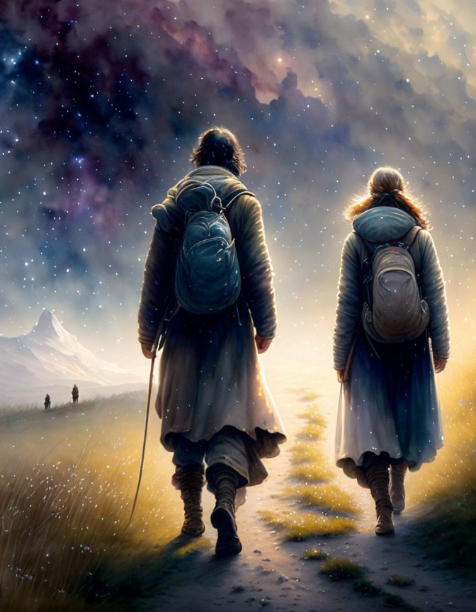 Travelers walking towards mountain under starlit sky with distant figures and glowing fireflies