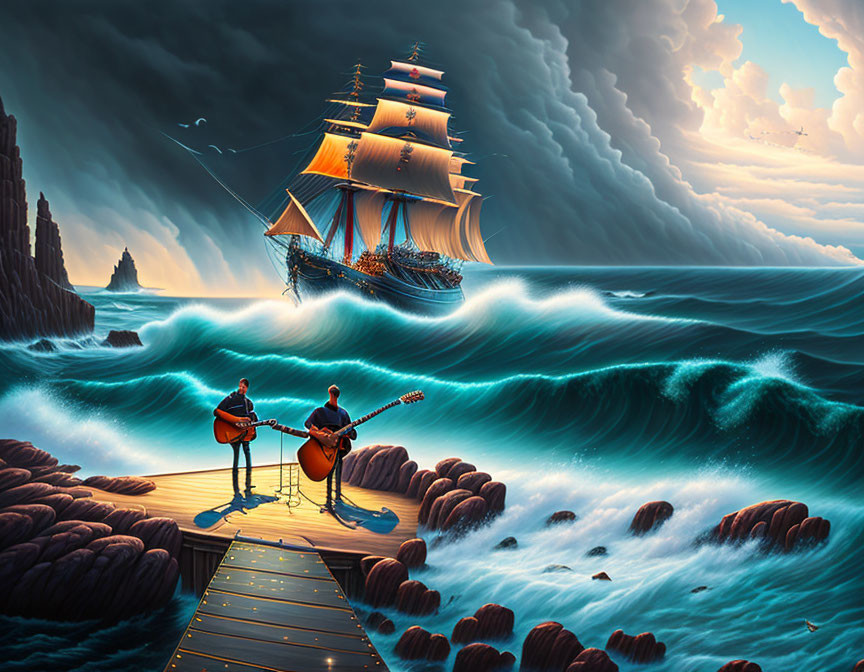 Musicians playing guitars on wooden pier with ocean scene and sailing ship in stormy sky