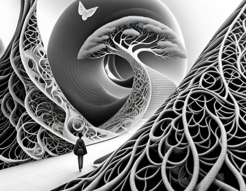 Monochromatic surreal artwork featuring vortex sphere, tree, butterfly, and intricate patterns