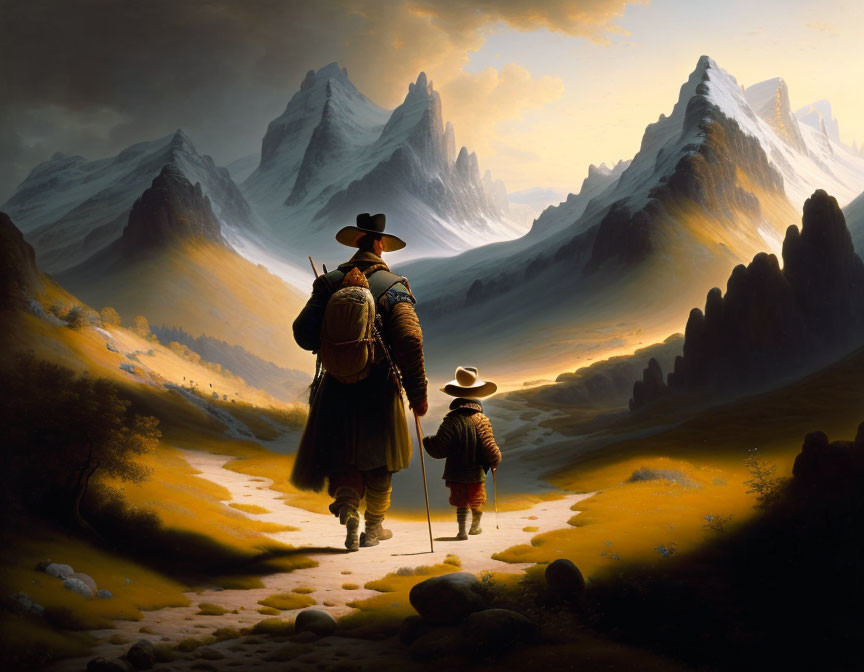 Parent and child walk in mountain landscape with warm sun glow