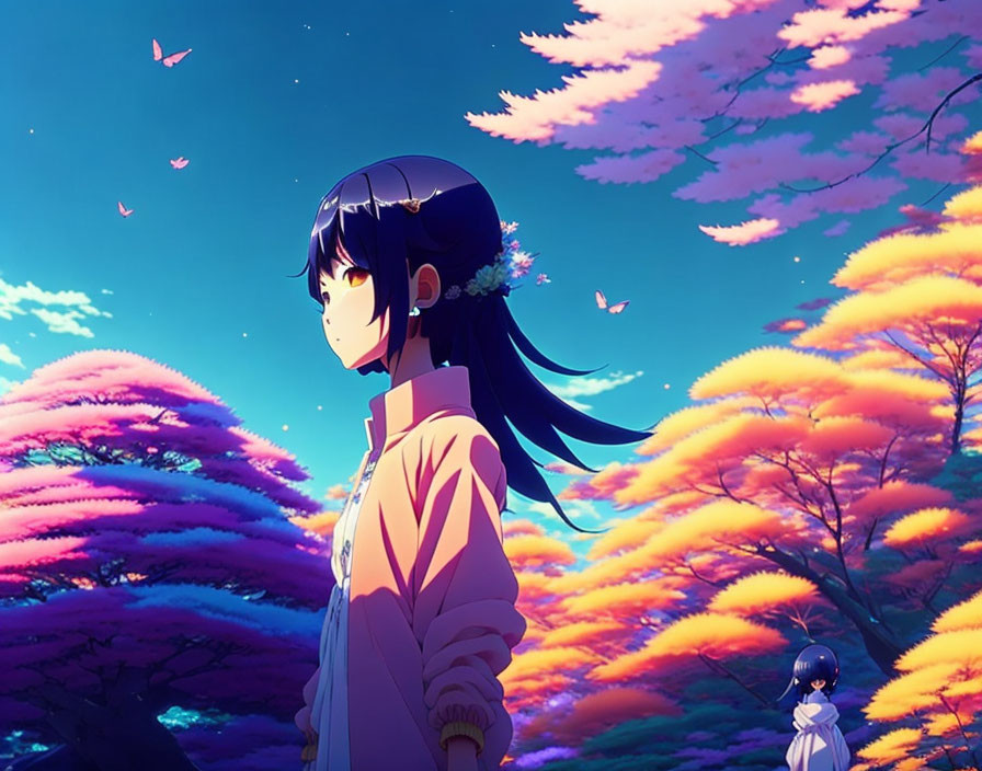 Dark-haired anime girl surrounded by flowers in a pink forest at twilight