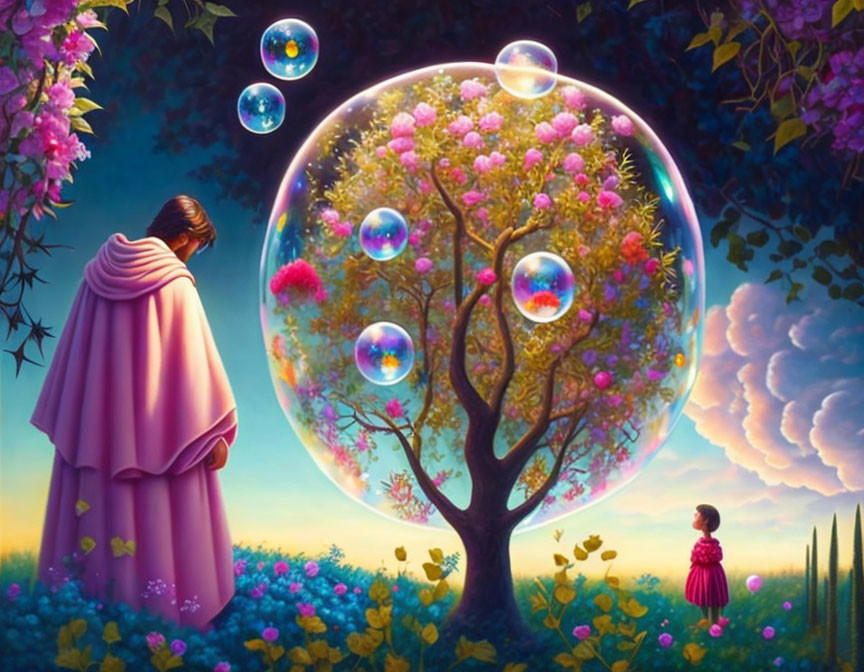 Cloaked figure gazes at bubble-encased tree with child in vibrant landscape