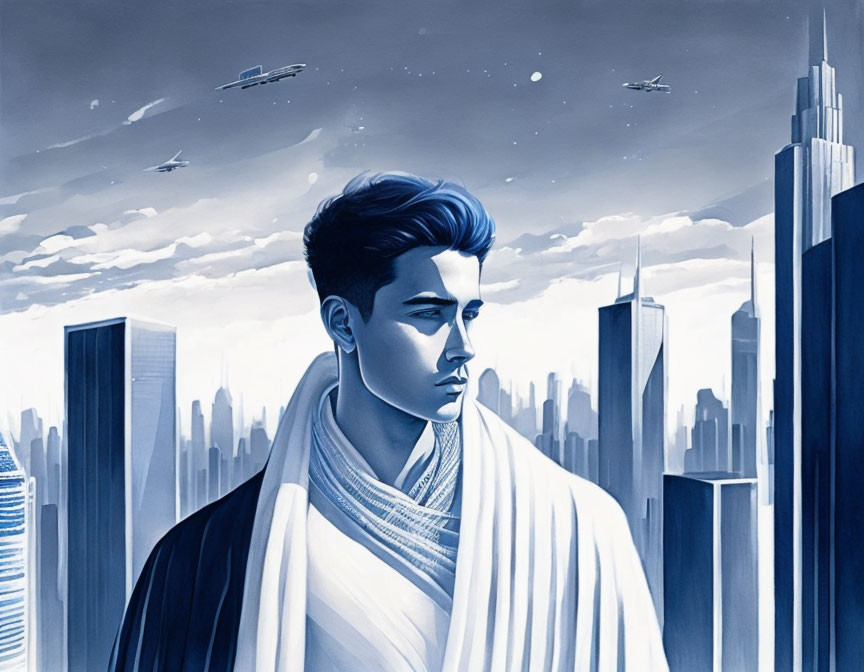 Young man in profile with futuristic cityscape in shades of blue