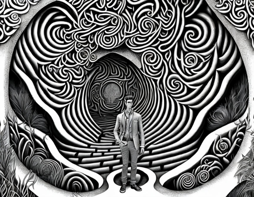 Man standing in front of swirling black and white abstract backdrop