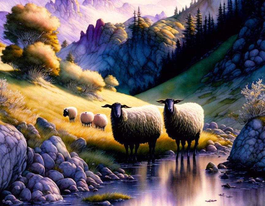 Tranquil landscape with sheep, water, greenery, rocks, and mountains