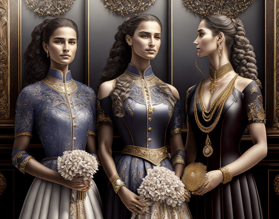 Three women in ornate traditional attire with gold jewelry against a dark, opulent background.