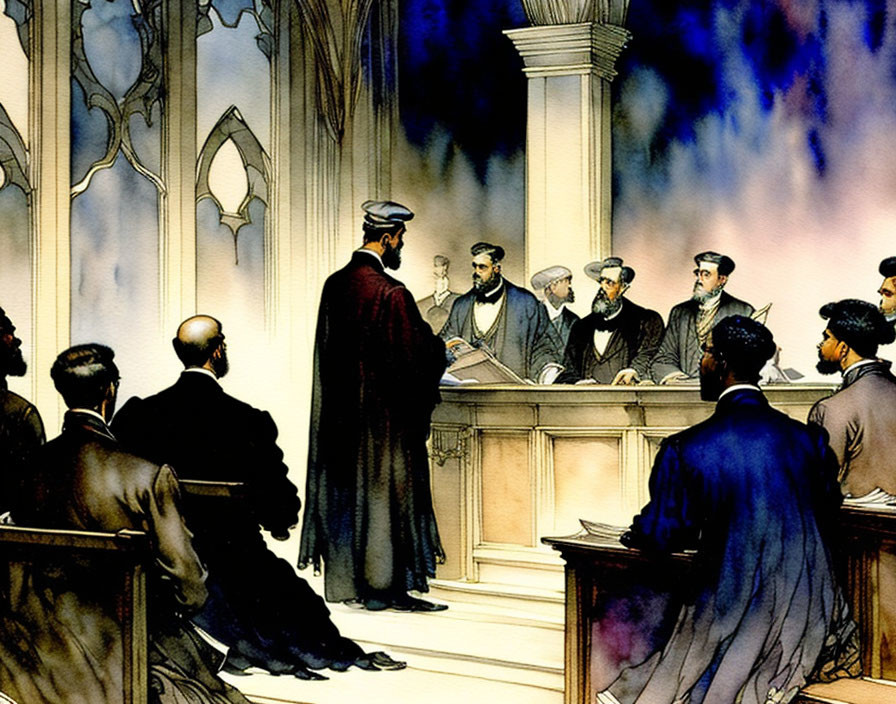 Illustrated courtroom scene with standing man addressing judges and seated observers.