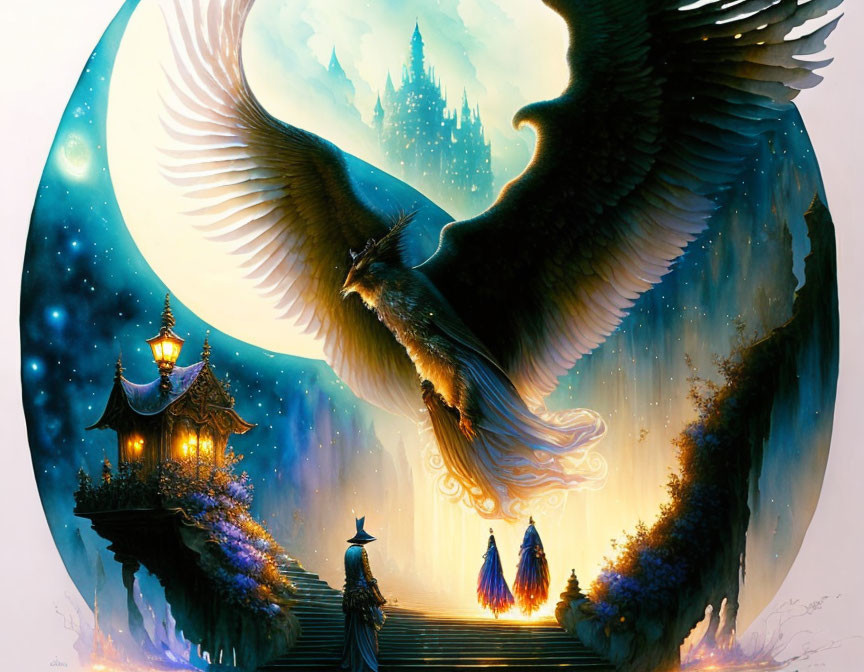 Giant eagle flying over mystical pagoda with figures and luminescent trees under starry sky