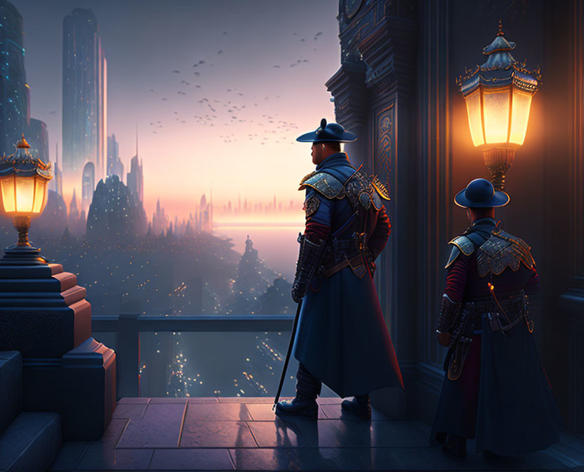 Uniformed individuals on balcony gaze at futuristic cityscape at dusk