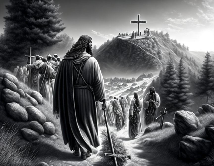 Monochrome biblical scene: crowd following robed figure to hilltop with three crosses