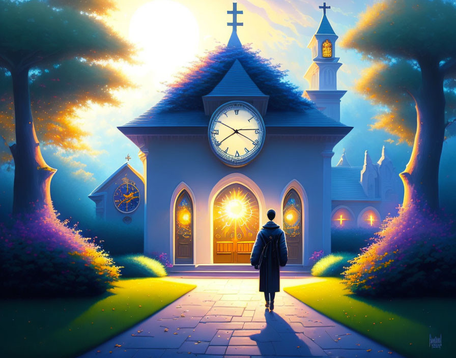 Twilight scene of person in front of glowing church doors and windows