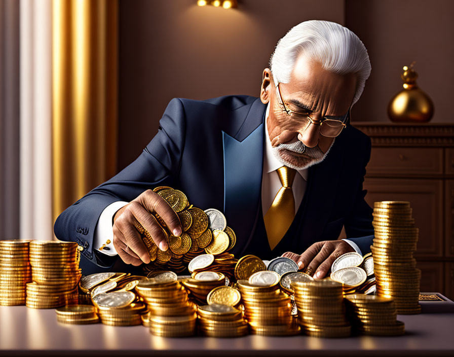 Elderly man in suit counting gold coins on desk