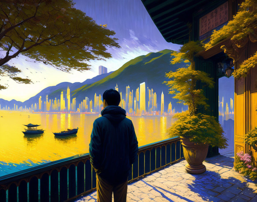 Cityscape view over calm water with boats and mountains under golden sunrise.