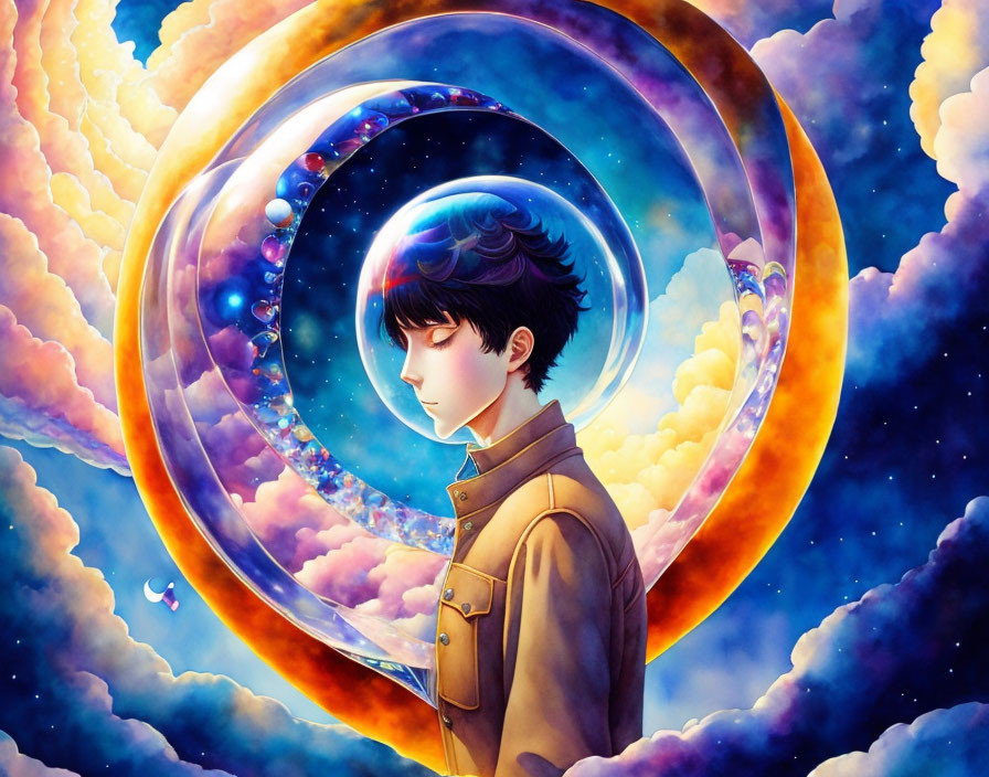 Illustrated profile of a boy with cosmic rings and vibrant clouds.