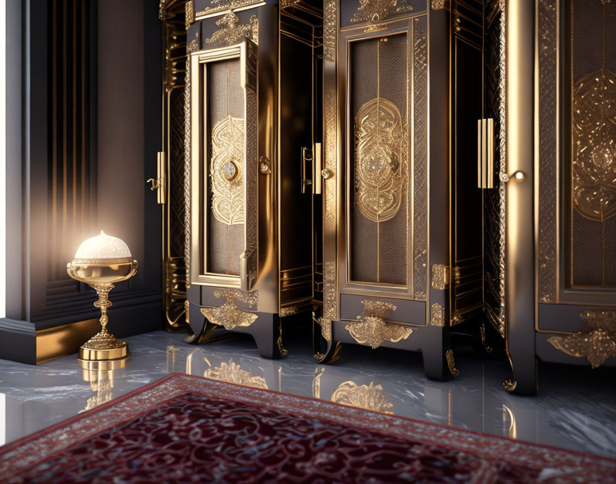 Luxurious Room with Golden Wardrobe, Dark Walls, Red Carpet, and Golden Lamp