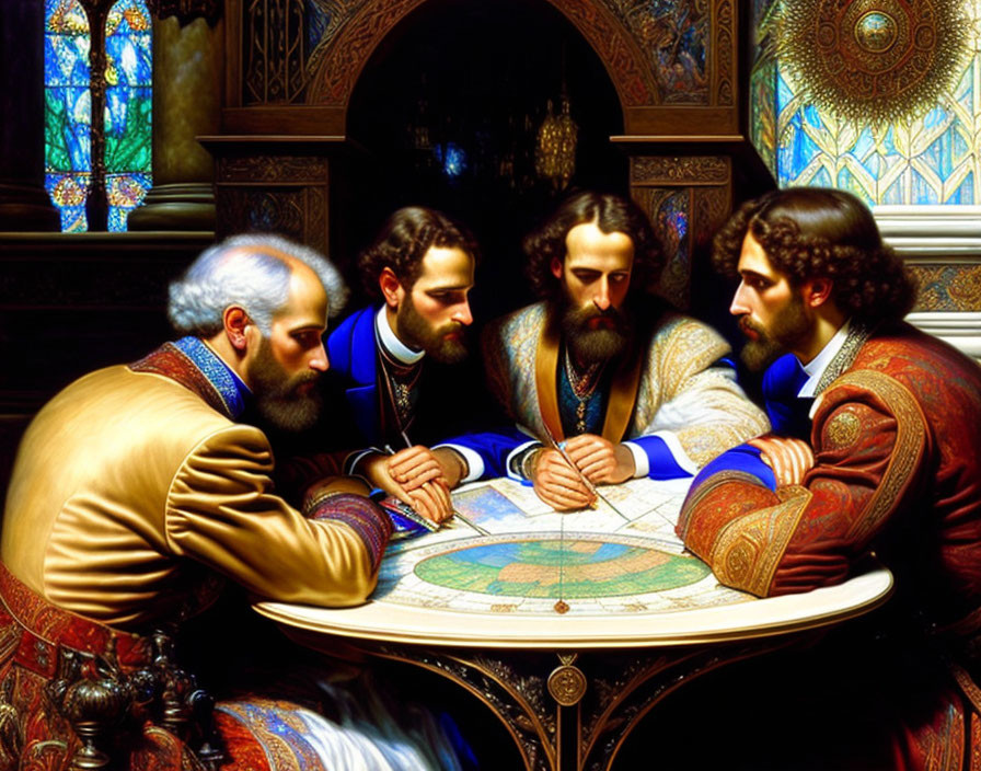 Four Men Studying Elaborate Map in Historical Setting