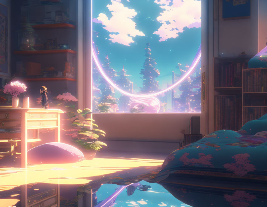 Sunset-themed cozy room with books, bed, purple portal, and whimsical tree view