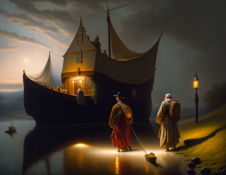 Historical figures by lantern-lit shore admire illuminated ship at dusk.