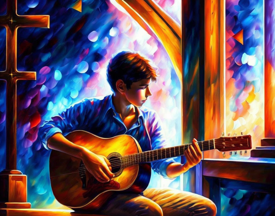 Acoustic guitar player by colorful window with vibrant light and bokeh effects