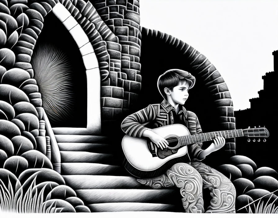 Monochrome illustration of young person playing guitar near textured doorway